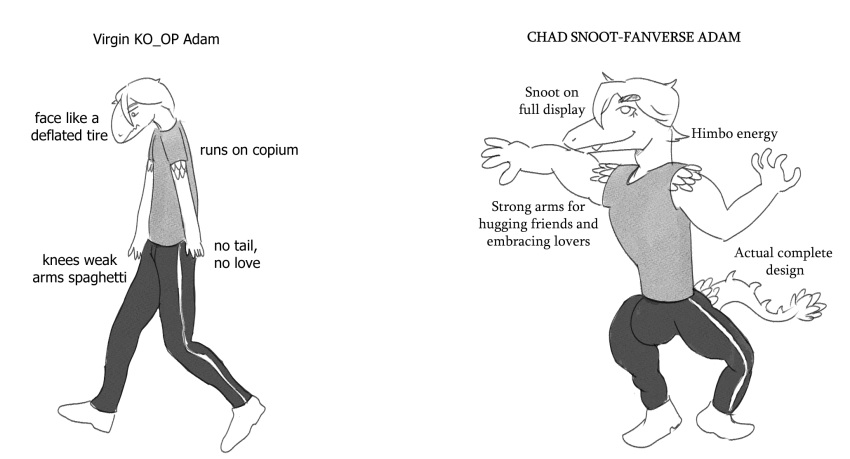 adam_(gvh) anthro bulge chad_(meme) clothed clothing dinosaur duo english_text goodbye_volcano_high hair hi_res male meme monochrome plantigrade raidak5 reptile scalie simple_background snoot_game tail tailless text virgin_vs._chad