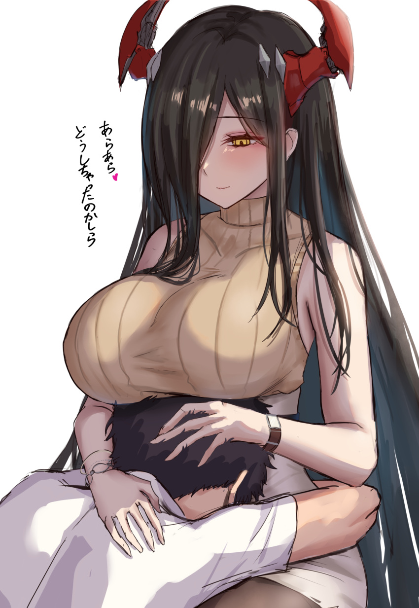 1boy 1girl azur_lane bare_arms bare_shoulders black_hair black_pantyhose blush closed_mouth friedrich_der_grosse_(azur_lane) highres horns long_hair looking_at_another pantyhose satou_aji shirt simple_background skirt sleeveless sleeveless_turtleneck smile solo_focus sweater translation_request turtleneck turtleneck_sweater white_background white_shirt white_skirt yellow_eyes