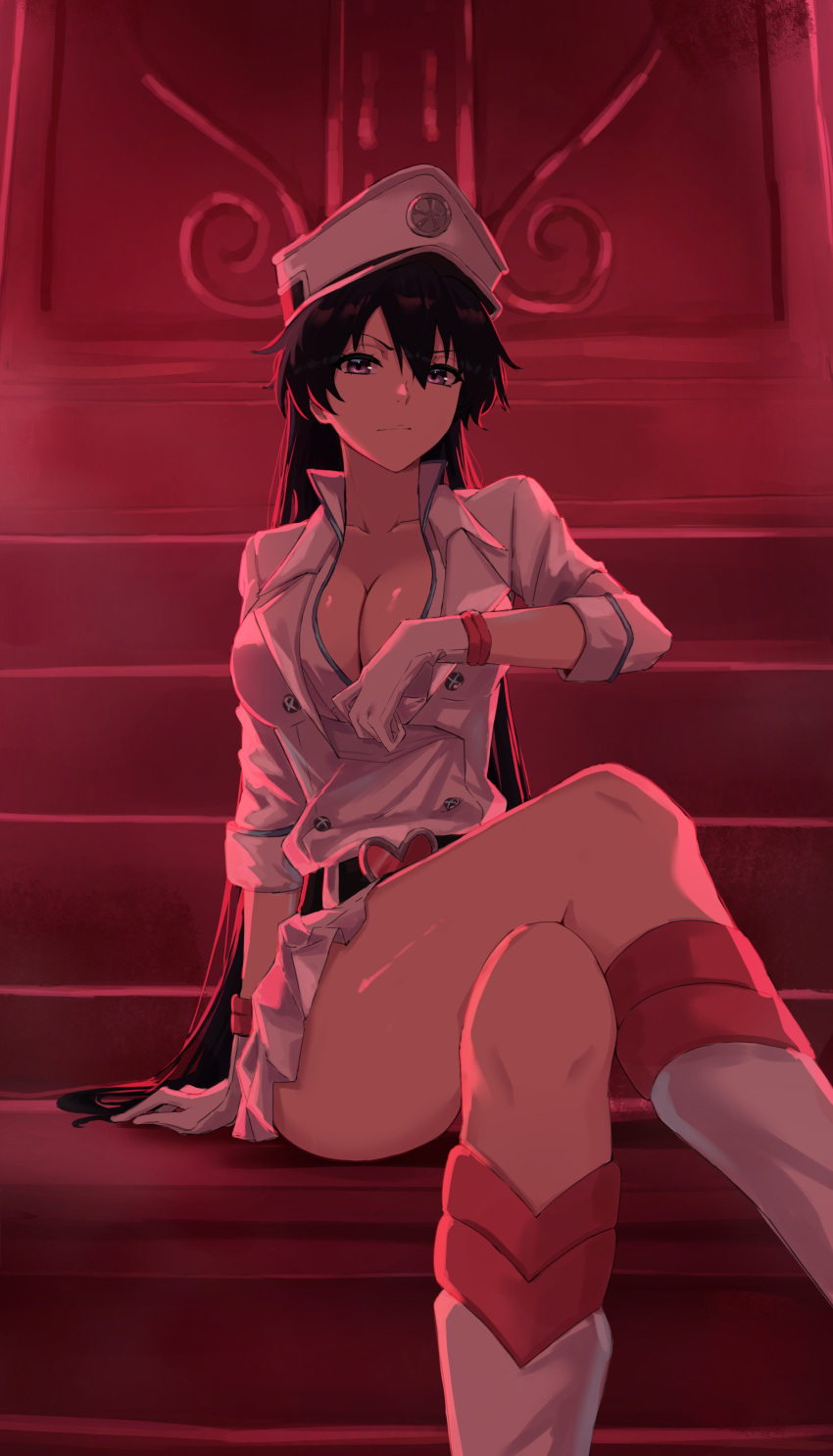 1girl absurdres bambietta_basterbine black_eyes black_hair bleach bleach:_the_thousand-year_blood_war boots breasts channyy19 cleavage closed_mouth collared_jacket crossed_legs gloves hair_between_eyes hat heart_belt highres jacket knee_boots large_breasts long_hair looking_at_viewer military_hat military_jacket military_uniform mixed-language_commentary peaked_cap pleated_skirt presenting_breasts quincy sitting sitting_on_stairs skirt solo stairs sternritter uniform wandenreich_uniform white_footwear white_gloves white_headwear white_jacket white_skirt