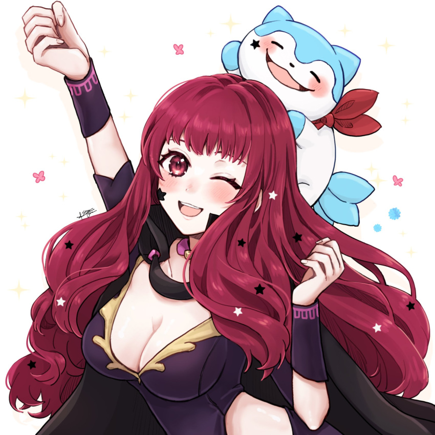 black_cape bodysuit cape chest_strap clothing_cutout creature detached_sleeves facial_mark fire_emblem fire_emblem_engage hair_ornament highres misato_hao on_head one_eye_closed purple_bodysuit red_hair side_cutout sommie_(fire_emblem) star_(symbol) star_facial_mark star_hair_ornament yunaka_(fire_emblem)