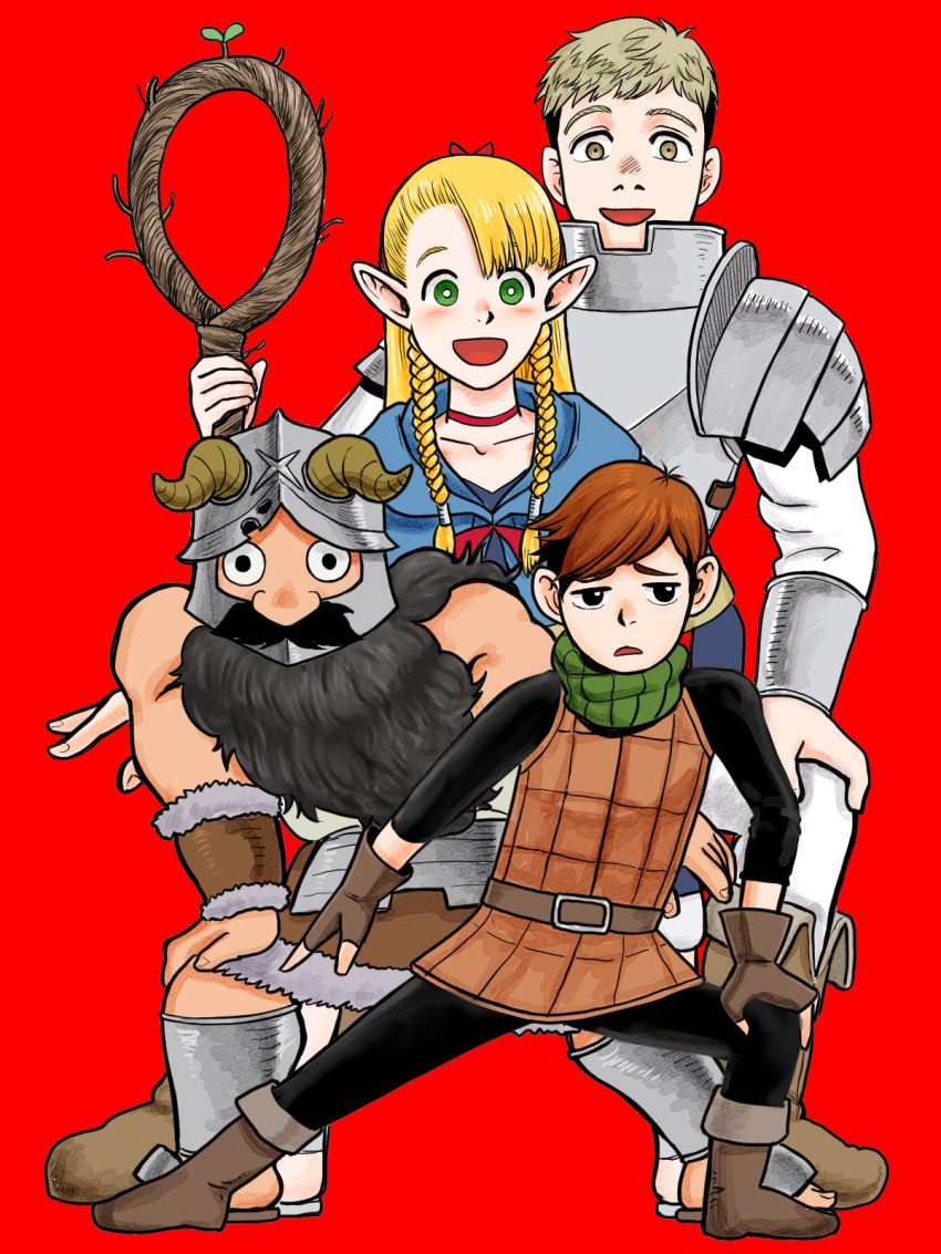 1girl 3boys amagurimuitarou armor beard belt black_hair blonde_hair boots braid brown_belt brown_eyes brown_hair chilchuck choo_choo_train dungeon_meshi dwarf elf facial_hair fake_horns green_eyes halfling hand_on_own_knee helmet highres holding holding_staff horned_helmet horns laios_thorden light_brown_hair marcille multiple_boys mustache open_mouth pointy_ears red_background sandals senshi_(dungeon_meshi) smile staff twin_braids