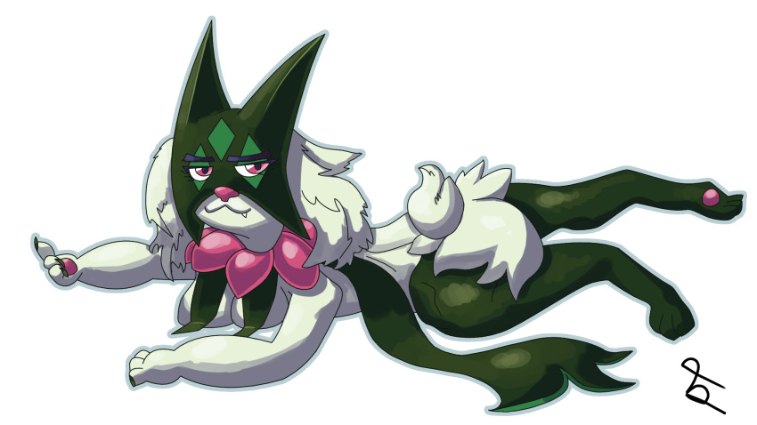 anthro breasts claws eyebrows eyelashes female finger_wag fur generation_9_pokemon green_body green_fur hi_res looking_at_viewer meowscarada nintendo pink_eyes plumpy_peaches pokemon pokemon_(species) solo tail thick_thighs
