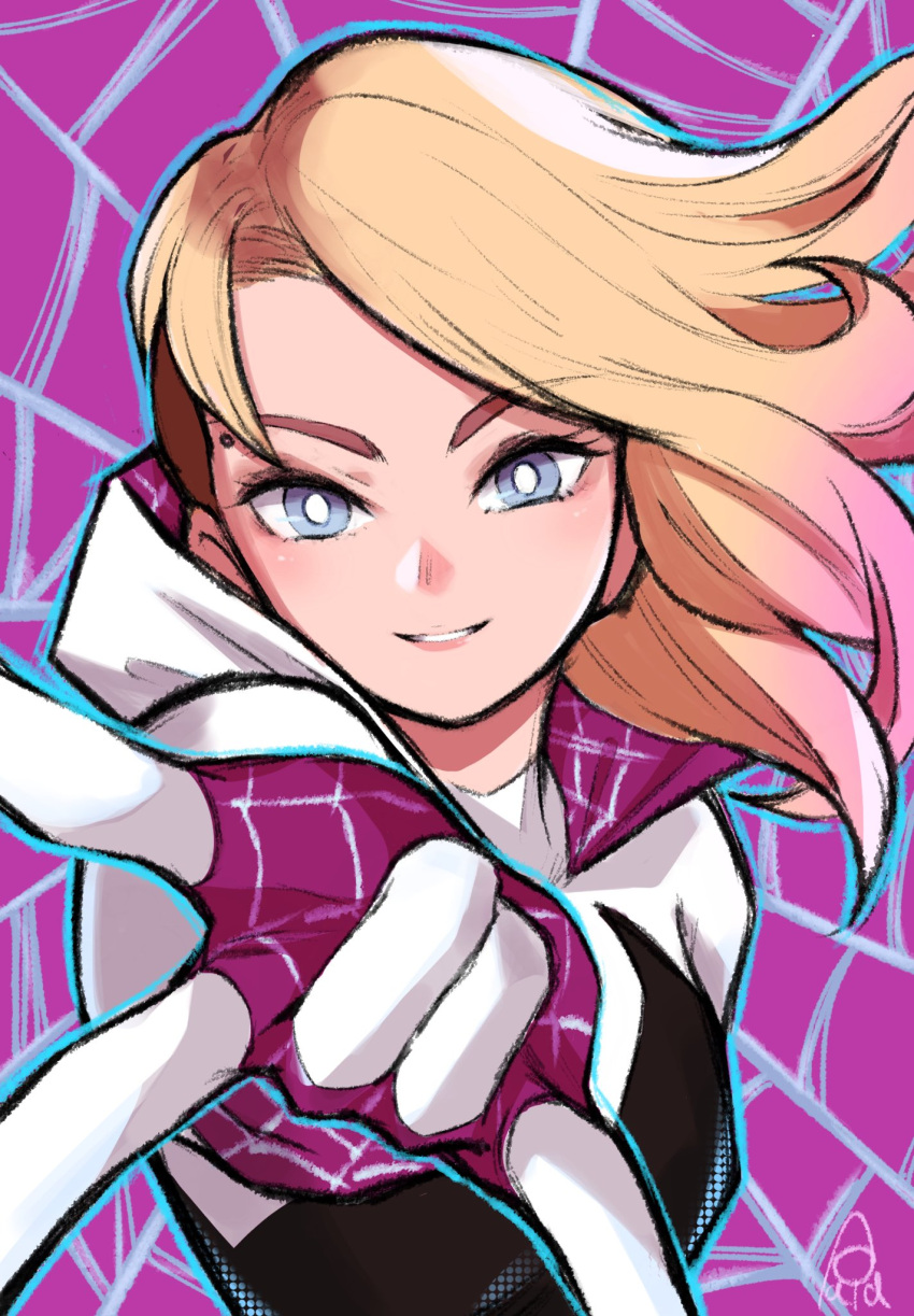 1girl \m/ asymmetrical_hair blonde_hair blue_eyes bodysuit colored_tips eyebrow_piercing gwen_stacy highres hood hooded_bodysuit marvel multicolored_hair parted_lips piercing pink_background pink_hair sidecut solo spider-gwen spider-man:_across_the_spider-verse spider-man_(series) spider_web_background spider_web_print sushi_pizza_rrr upper_body