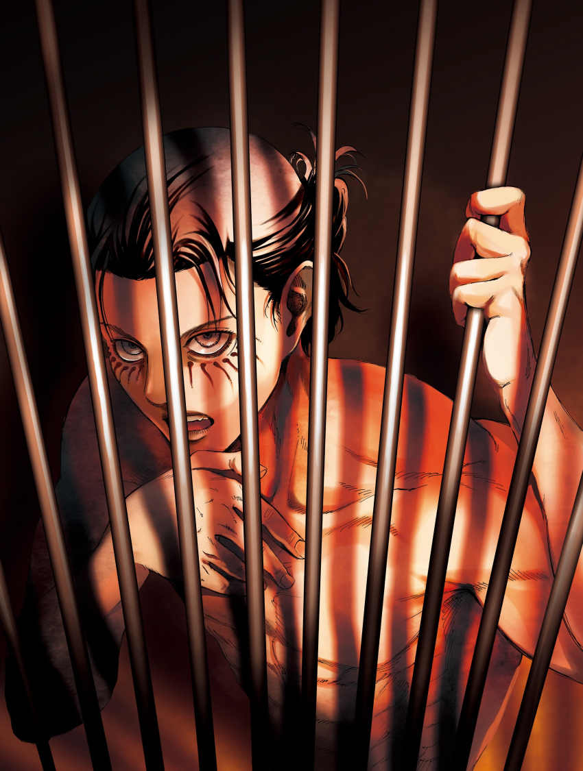 1boy absurdres biting_own_hand brown_hair eren_yeager from_above highres isayama_hajime male_focus nude official_art prison_cell sanpaku second-party_source shingeki_no_kyojin short_hair solo toned toned_male upper_body