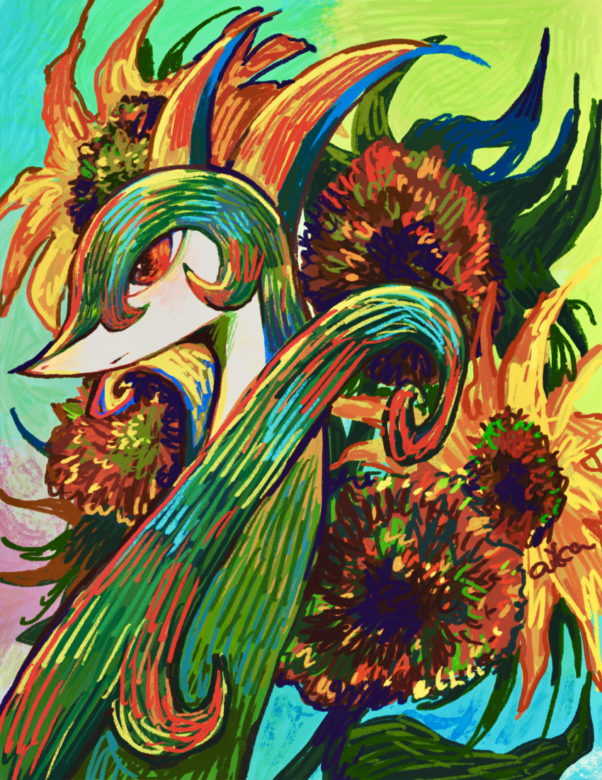 absurdres animal_focus artist_name blush closed_mouth commentary expressionless flower from_side highres light_blush looking_to_the_side no_humans otonoha_aika pokemon pokemon_(creature) profile red_eyes serperior signature solo sunflower upper_body yellow_flower