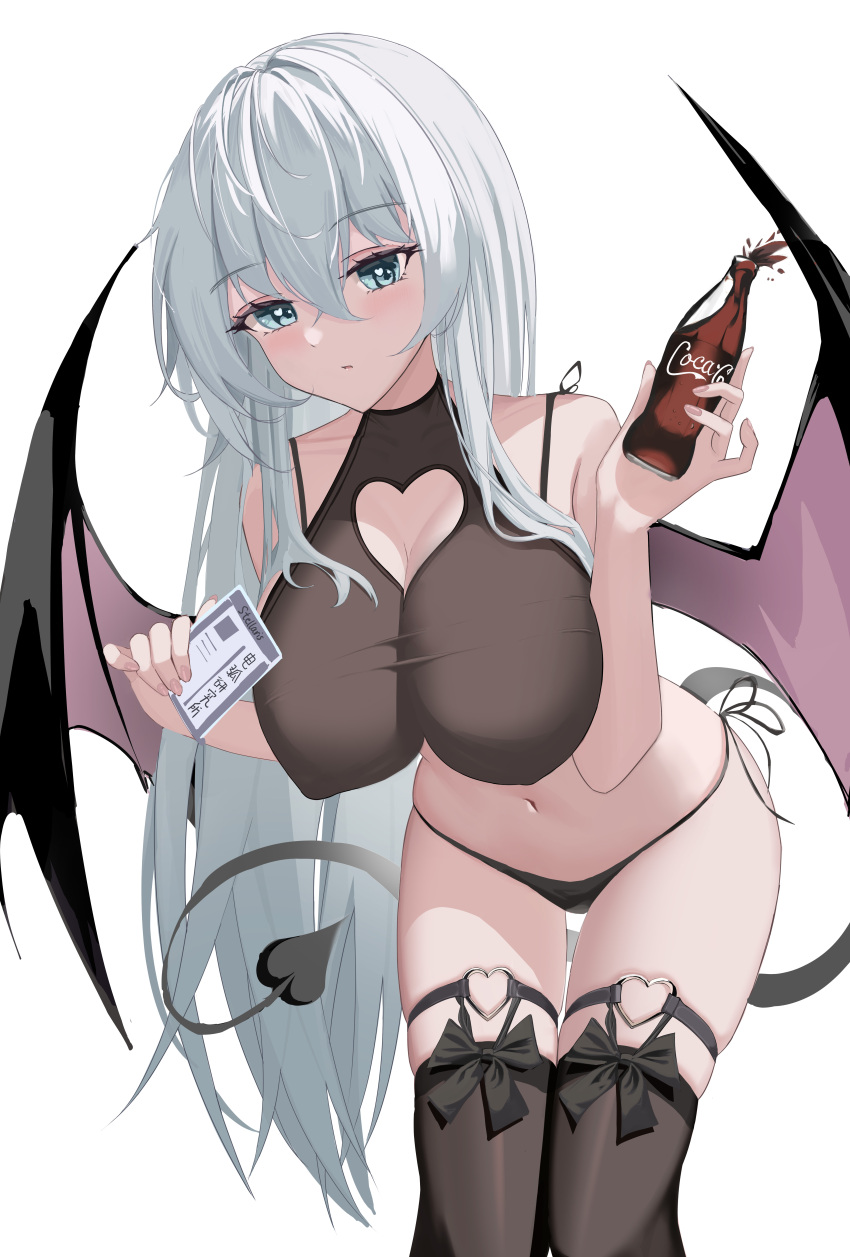 1girl absurdres bare_shoulders bikini black_thighhighs blue_eyes bottle breasts cleavage cleavage_cutout clothing_cutout coca-cola covered_nipples demon_girl demon_tail demon_wings expressionless highres holding holding_bottle large_breasts open_mouth original side-tie_bikini_bottom simple_background solo swimsuit tail thighhighs white_background white_hair whitehartlane13 wings