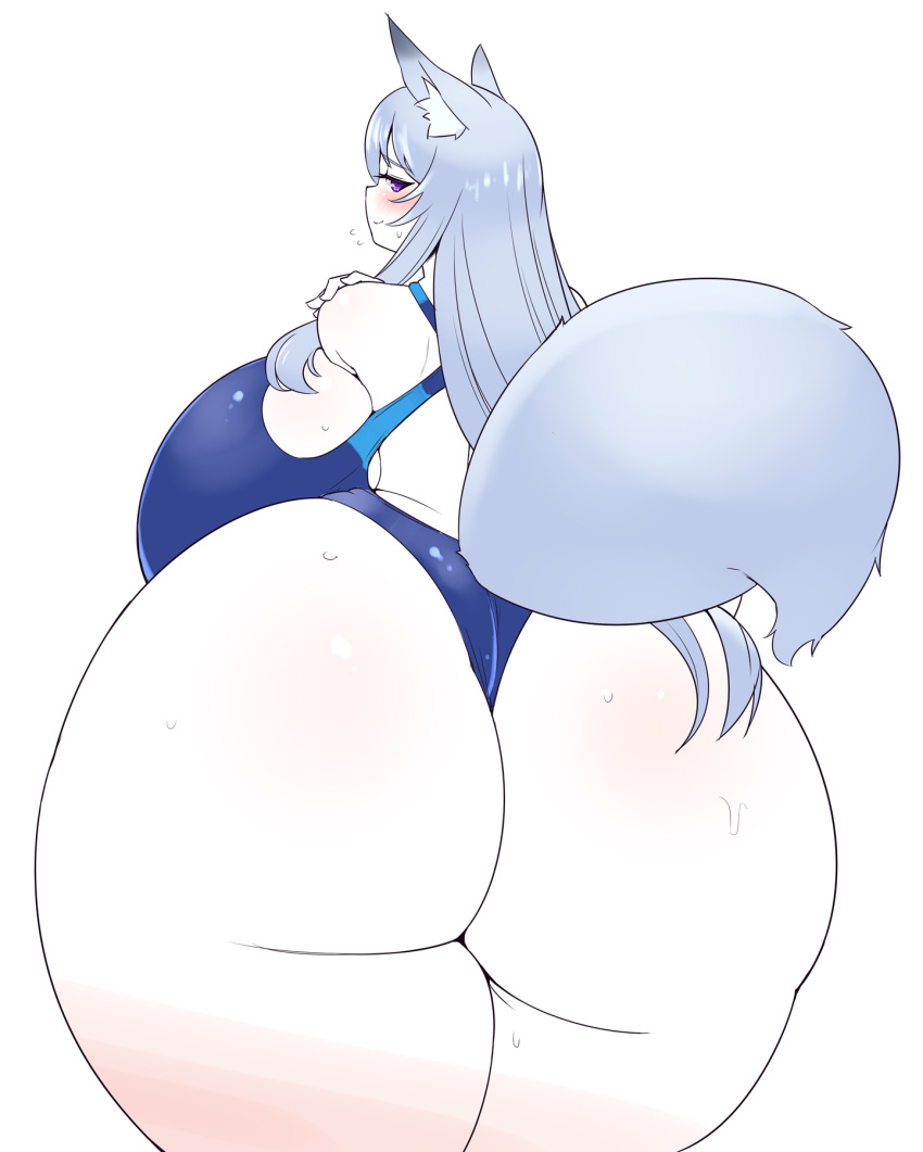 animal_humanoid big_breasts big_butt blue_hair blush blush_lines bodily_fluids breasts butt butt_focus canid canid_humanoid canine canine_humanoid clothing female fox_humanoid futon_(artist) hair hi_res huge_breasts huge_butt huge_thighs humanoid hyper hyper_breasts hyper_butt hyper_thighs long_hair looking_at_viewer looking_back looking_back_at_viewer mammal mammal_humanoid purple_eyes rear_view side_boob simple_background smile solo standing sweat swimwear tail thick_thighs