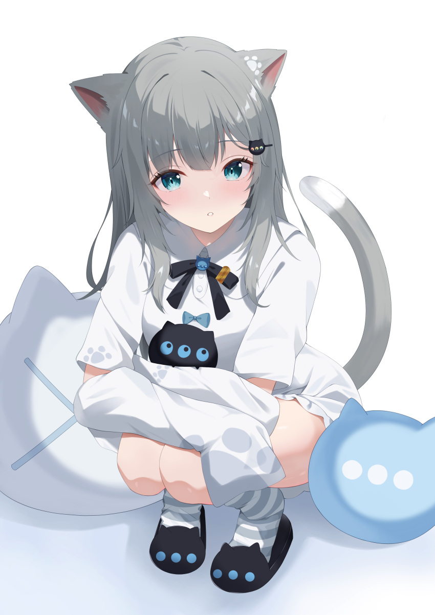 1girl absurdres animal_ears blue_eyes cat_ears cat_girl cat_tail creature dress full_body grey_hair highres indie_virtual_youtuber long_hair long_sleeves looking_at_viewer nachoneko parted_lips shinshia_(sinsia_0928) short_dress sleeves_past_fingers sleeves_past_wrists slippers squatting tail virtual_youtuber white_dress