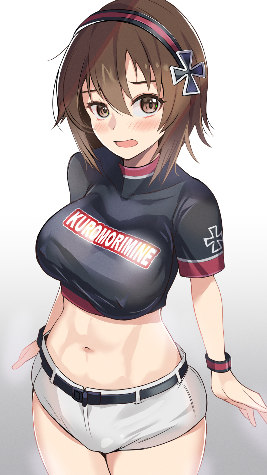 1girl absurdres belt black_belt black_hairband black_shirt blaze_(blazeillust) blush bracelet brown_eyes brown_hair clothes_writing cowboy_shot cropped_shirt cross frown girls_und_panzer girls_und_panzer_senshadou_daisakusen! gradient_background grey_background hair_ornament hairband highres iron_cross jewelry looking_at_viewer micro_shorts midriff navel nishizumi_maho official_alternate_costume open_mouth print_shirt shirt short_hair short_sleeves shorts solo standing white_shorts