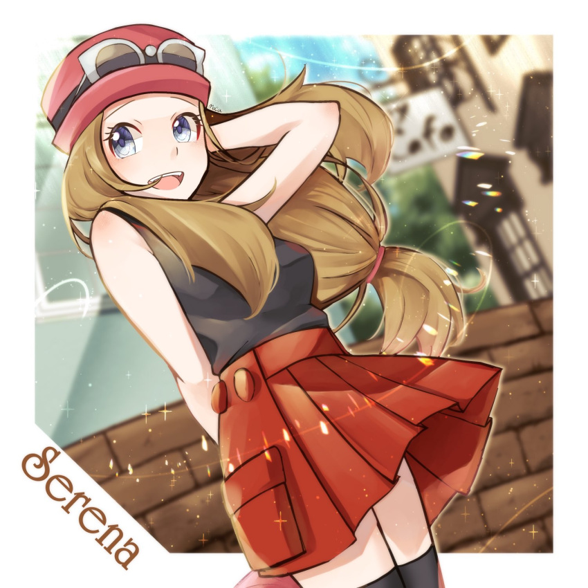 1girl :d arm_behind_back bare_arms black_shirt black_thighhighs blue_eyes blurry blurry_background border breasts character_name commentary_request eyelashes eyewear_on_headwear hand_up hat highres long_hair looking_to_the_side mocacoffee_1001 open_mouth pleated_skirt pokemon pokemon_(game) pokemon_xy serena_(pokemon) shirt skirt sleeveless sleeveless_shirt smile solo sunglasses teeth thighhighs tongue upper_teeth_only white-framed_eyewear white_border