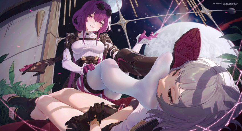 2girls black_eyes black_gloves black_socks boots breasts eyewear_on_head feet foot_focus foot_on_another's_face gloves grey_hair hair_between_eyes head_tilt high-waist_shorts highres honkai:_star_rail honkai_(series) icecake indoors jacket jacket_on_shoulders kafka_(honkai:_star_rail) legs long_hair long_sleeves medium_breasts multiple_girls no_shoes pantyhose parted_lips plant purple_eyes purple_gloves purple_hair shirt shorts single_boot sitting sky smile socks soles stelle_(honkai:_star_rail) toeless_legwear toenails trailblazer_(honkai:_star_rail) white_pantyhose white_shirt window yuri