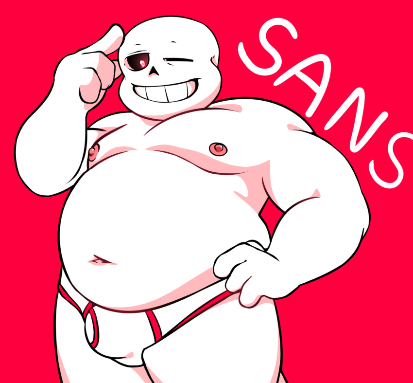 bone bubblecat colored_seam_briefs grin hand_on_head hand_on_leg hi_res looking_at_viewer male moobs nipples one_eye_closed overweight overweight_male red_eyes sans_(undertale) skeleton slightly_chubby smile solo undertale undertale_(series)