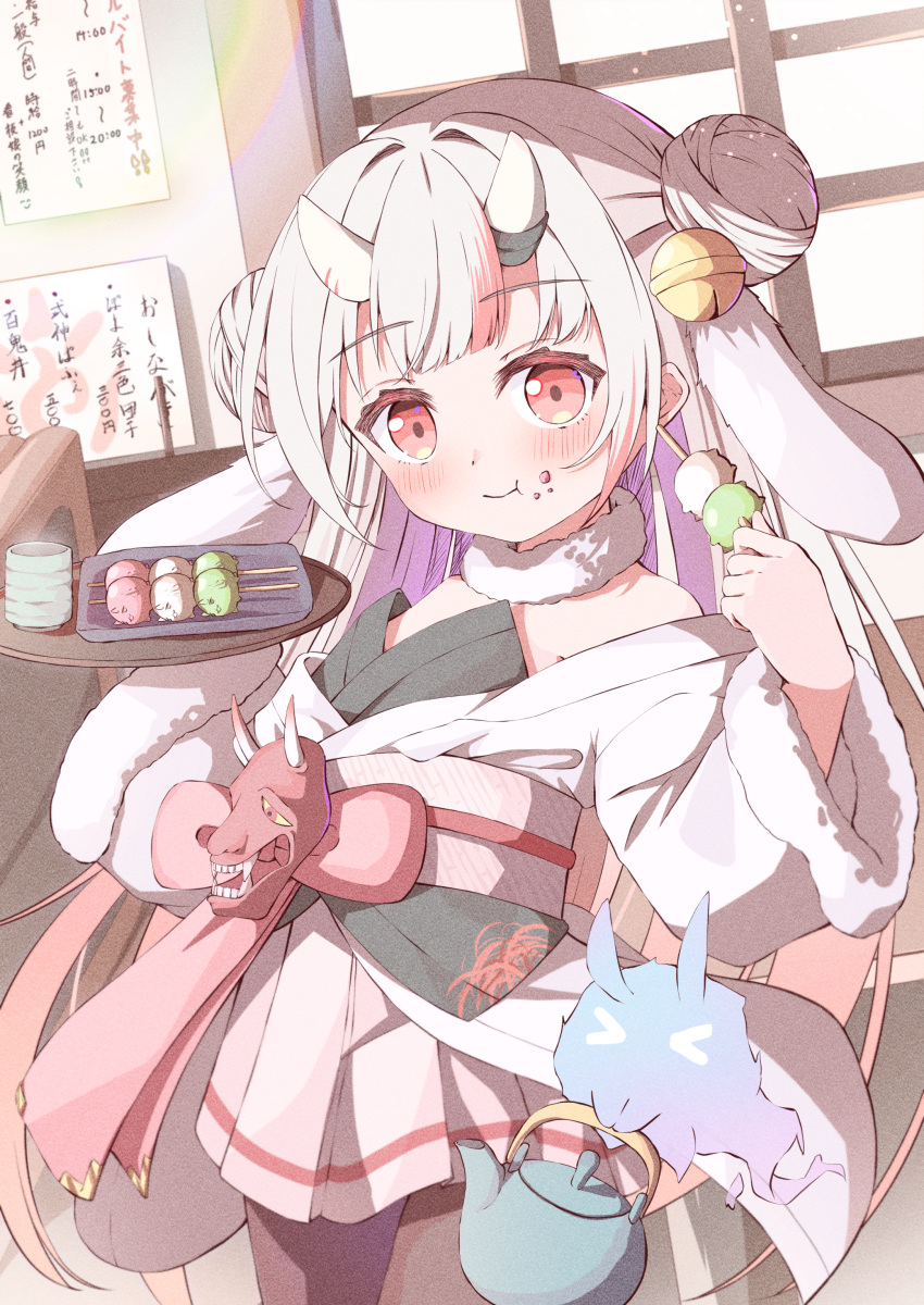 1girl absurdres animal_ears bell black_panties blush blush_stickers commentary_request cup double_bun fake_animal_ears fang food fur_choker futa_on_male futa_with_male futanari ghost gradient_hair grey_hair hair_bun highres holding holding_tray hololive horns jingle_bell kyouwashi long_hair lop_rabbit_ears miniskirt mochi multicolored_hair nakiri_ayame off_shoulder oni_horns panties pink_skirt pleated_skirt rabbit_ears red_eyes red_hair shiranui_(nakiri_ayame) side_up_bun skirt solo_focus teapot tray two_side_up underwear virtual_youtuber yunomi