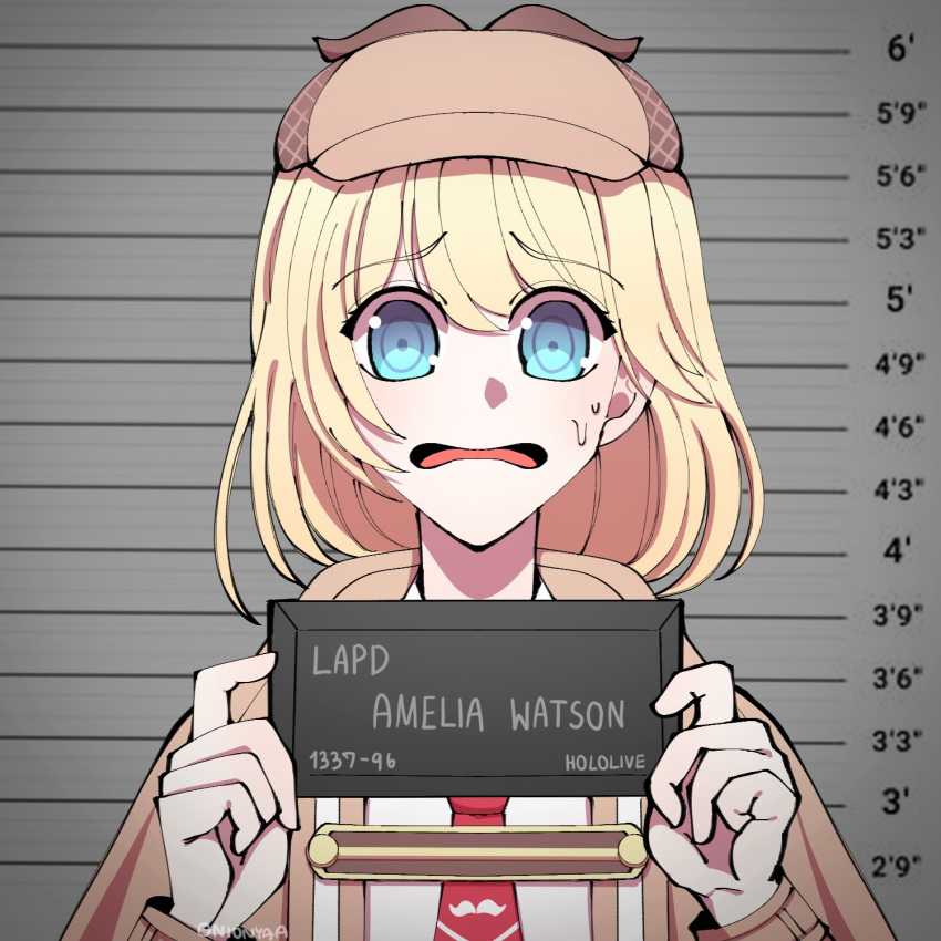 1girl barbie_mugshot_(meme) blonde_hair blue_eyes bob_cut brown_capelet brown_headwear capelet collared_shirt deerstalker detective hat height_chart height_mark highres holding holding_sign hololive hololive_english long_sleeves looking_at_viewer meme mugshot necktie onionyaa open_mouth prison prisoner red_necktie shirt short_hair short_necktie sign upper_body virtual_youtuber watson_amelia white_shirt