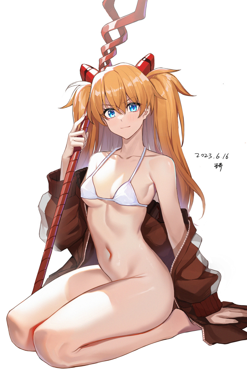 1girl absurdres arm_support bare_legs barefoot bikini bikini_top_only blush bottomless breasts breasts_apart collarbone dated highres holding holding_polearm holding_weapon jacket jacket_partially_removed lance_of_longinus_(evangelion) light_smile long_hair looking_at_viewer navel neon_genesis_evangelion orange_hair polearm seiza signature simple_background sitting small_breasts souryuu_asuka_langley stomach swimsuit track_jacket two_side_up very_long_hair wangqi weapon white_background white_bikini
