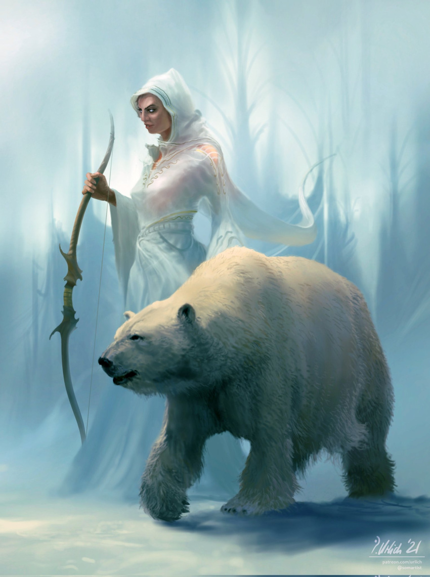 1girl bear blurry blurry_background bow breasts cleavage cloak day english_commentary fantasy full_body highres hood hood_up long_sleeves original outdoors philipp_urlich polar_bear signature snow white_cloak