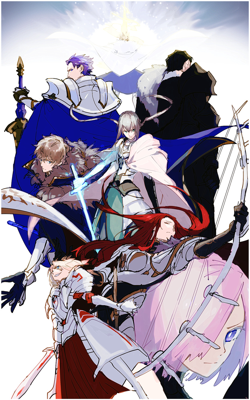 3girls 5boys airgetlam_(fate) armor arondight_(fate) artoria_pendragon_(fate) artoria_pendragon_(lancer)_(fate) bedivere_(fate) black_armor black_cape black_gloves black_hair blonde_hair blue_cape blue_dress blue_eyes border bow_(weapon) bright_pupils cape clarent_(fate) closed_eyes closed_mouth crown domu_(hamadura) dress facing_away fate/grand_order fate_(series) faulds feet_out_of_frame floating_cape from_behind fur-trimmed_cape fur_trim gauntlets gawain_(fate) gloves glowing glowing_sword glowing_weapon gold_trim green_eyes green_tunic grey_hair hair_between_eyes hair_over_one_eye hair_tubes highres holding holding_bow_(weapon) holding_sword holding_weapon knight knights_of_the_round_table_(fate) lancelot_(fate/grand_order) long_hair looking_at_viewer looking_back low_twintails mash_kyrielight mordred_(fate) mordred_(fate/apocrypha) multiple_boys multiple_girls outstretched_arm parted_bangs pink_hair planted planted_sword ponytail portrait prosthesis prosthetic_arm purple_eyes purple_hair red_hair red_robe robe serious short_hair shoulder_armor shoulder_cape spiked_hair sword tristan_(fate) tunic twintails weapon white_background white_border white_cape white_pupils