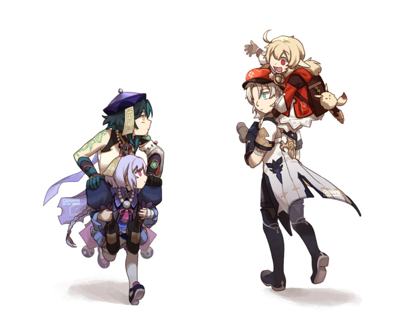 2boys 2girls ahoge albedo_(genshin_impact) aqua_hair arm_tattoo arm_up asymmetrical_sleeves backpack bag bead_necklace beads blue_eyes brown_gloves carrying chinese_clothes coat dodoco_(genshin_impact) facial_mark forehead_mark full_body genshin_impact gloves gradient_hair half_updo hat headwear_removed hood hood_down hooded_coat jewelry klee_(genshin_impact) light_brown_hair medium_hair multicolored_hair multiple_boys multiple_girls necklace ofuda_on_head open_mouth orb parted_bangs piggyback pointy_ears purple_eyes purple_hair qiinamii qing_guanmao qiqi_(genshin_impact) randoseru red_eyes short_sleeves shoulder_carry talisman tattoo vision_(genshin_impact) white_background xiao_(genshin_impact) yellow_eyes