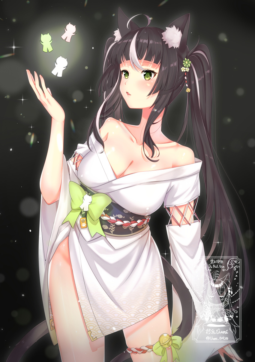 1girl absurdres animal_ear_fluff animal_ears armor bare_shoulders black_background blunt_bangs breasts brown_hair cat_ears cat_girl cat_tail cleavage contrapposto cowboy_shot green_eyes highres indie_virtual_youtuber japanese_armor japanese_clothes kimono large_breasts long_hair long_sleeves multicolored_hair obi open_mouth paper_doll sash simple_background simusong solo streaked_hair tail thigh_strap twintails very_long_hair white_hair wide_sleeves
