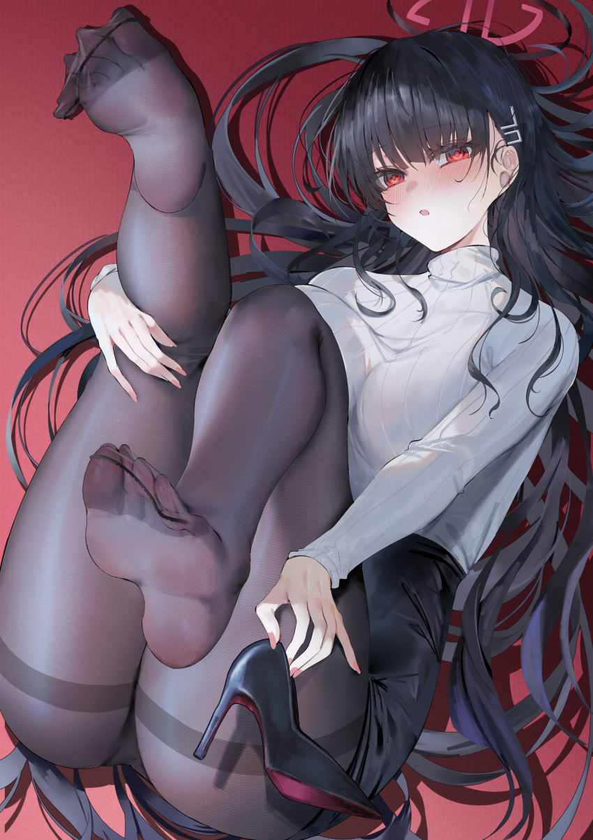 1girl absurdres black_hair black_pantyhose blue_archive bright_pupils feet hair_ornament hairclip halo high_heels highres holding holding_shoes long_hair looking_at_viewer panties panties_under_pantyhose pantyhose red_eyes rio_(blue_archive) shoes soles sweater turtleneck turtleneck_sweater uaxa2334 underwear white_pupils white_sweater