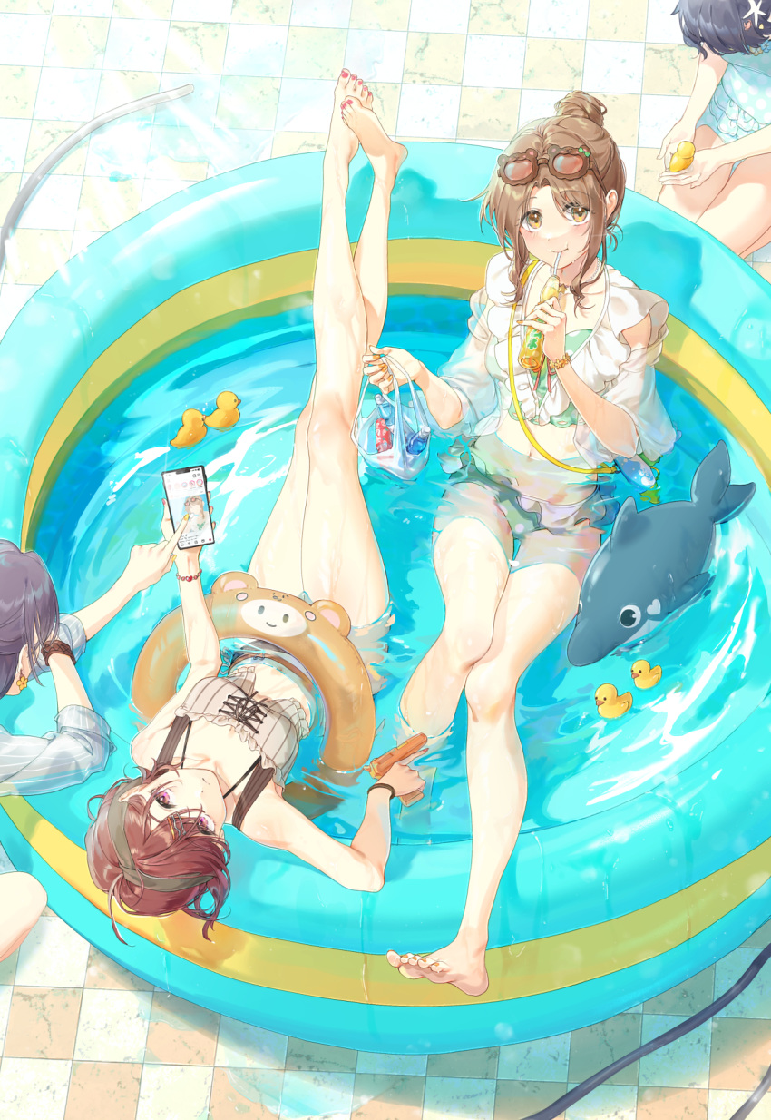 4girls asakura_toru bare_legs barefoot bikini blush brown_hair cellphone_picture crossed_legs eyewear_on_head fingernails frilled_bikini frills fukumaru_koito highres higuchi_madoka holding holding_phone ichikawa_hinana idolmaster idolmaster_shiny_colors inflatable_orca inflatable_toy looking_at_viewer multiple_girls nail_polish navel outdoors partially_submerged phone rain_(regen) refraction rubber_duck swimsuit tile_floor tiles tinted_eyewear toenail_polish toenails wading_pool