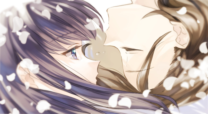 2girls blurry blurry_foreground braid braided_bangs brown_hair closed_eyes closed_mouth crying crying_with_eyes_open depth_of_field face-to-face facing_another falling_petals floating_hair flying_teardrops from_side hair_behind_ear highres long_hair looking_at_another minase_suzu multiple_girls petals portrait profile purple_eyes purple_hair short_hair shoujo_kageki_revue_starlight simple_background tareko tears tsuyuzaki_mahiru upside-down white_background