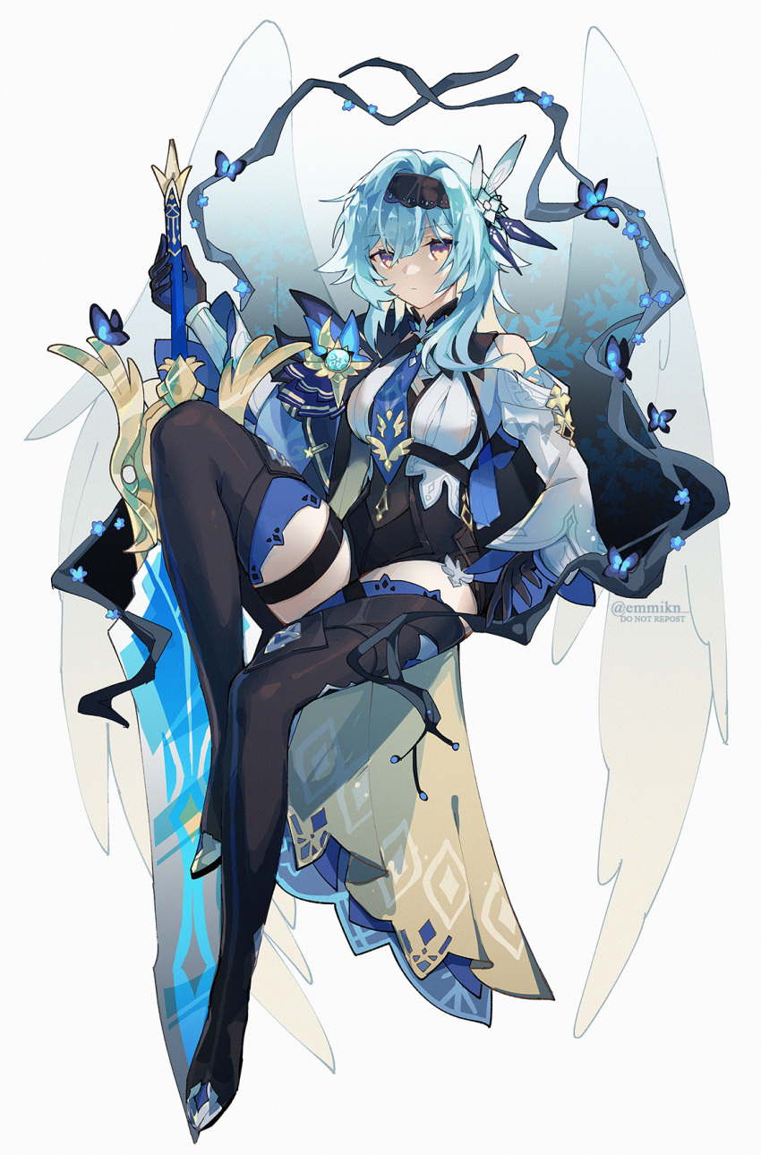 1girl aqua_hair black_footwear black_gloves black_hairband blue_butterfly blue_necktie boots breasts bug butterfly chest_harness closed_mouth detached_sleeves emmikn eula_(genshin_impact) genshin_impact gloves greatsword hair_ornament hairband harness highres holding holding_sword holding_weapon medium_breasts necktie purple_eyes sitting solo sword thigh_boots thighhighs twitter_username vision_(genshin_impact) weapon
