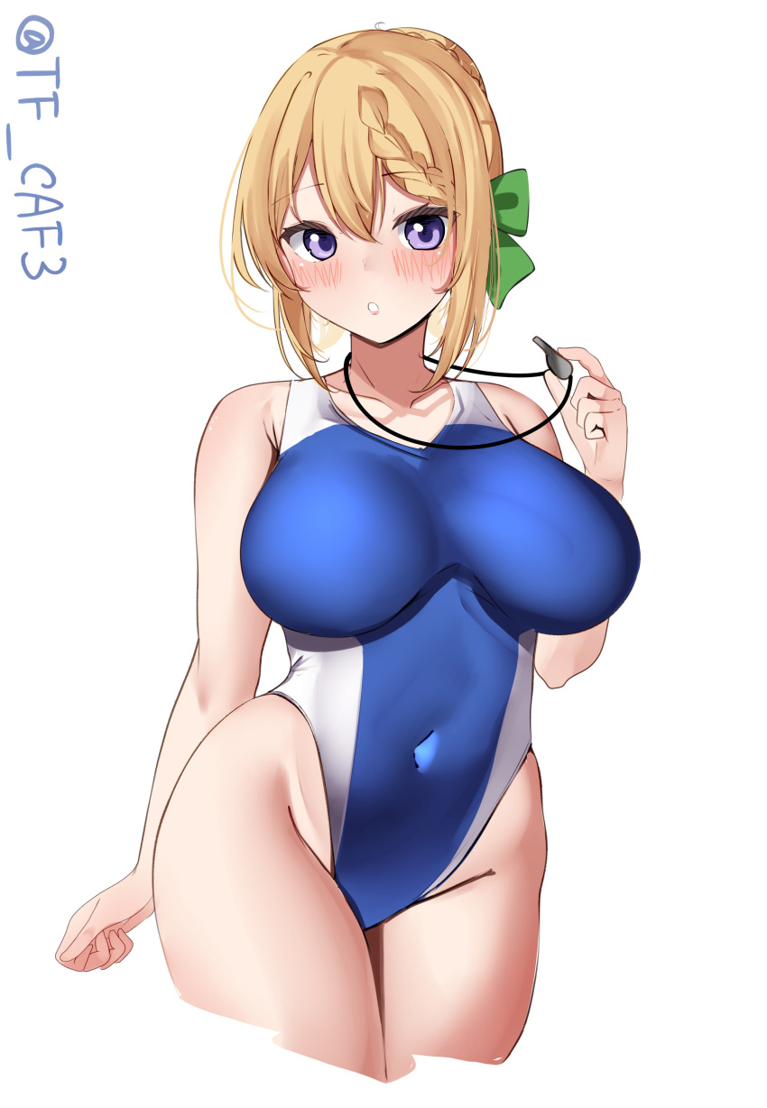 1girl absurdres alternate_costume bare_shoulders blonde_hair blue_one-piece_swimsuit blush breasts commentary_request cowboy_shot cropped_legs hair_between_eyes highleg highleg_swimsuit highres holding holding_whistle kantai_collection large_breasts looking_at_viewer one-piece_swimsuit parted_lips perth_(kancolle) purple_eyes short_hair simple_background solo swimsuit tf_cafe twitter_username whistle whistle_around_neck white_background