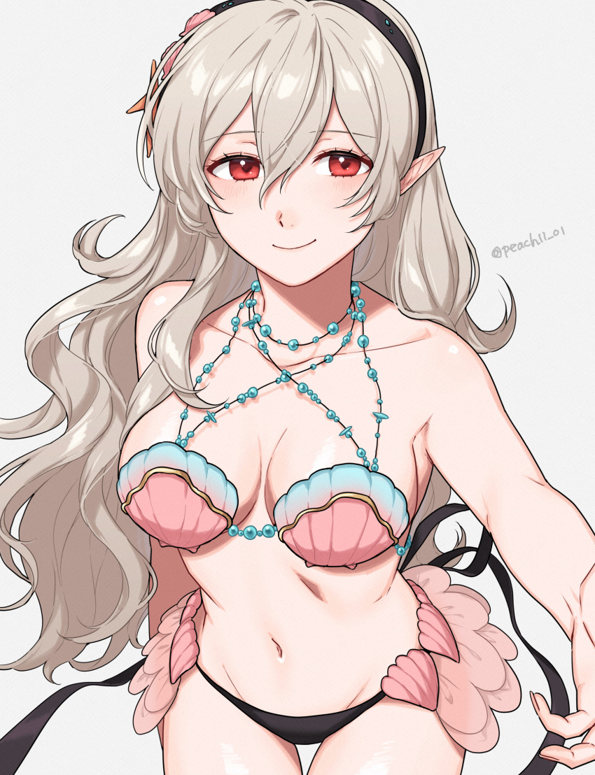 1girl bare_arms bare_shoulders bikini black_hairband breasts cleavage commentary corrin_(female)_(fire_emblem) corrin_(fire_emblem) cowboy_shot fire_emblem fire_emblem_cipher fire_emblem_fates grey_background grey_hair groin hair_between_eyes hairband highres large_breasts long_hair looking_at_viewer navel official_alternate_costume peach11_01 pink_bikini pointy_ears red_eyes shell shell_bikini simple_background smile solo standing stomach swimsuit very_long_hair