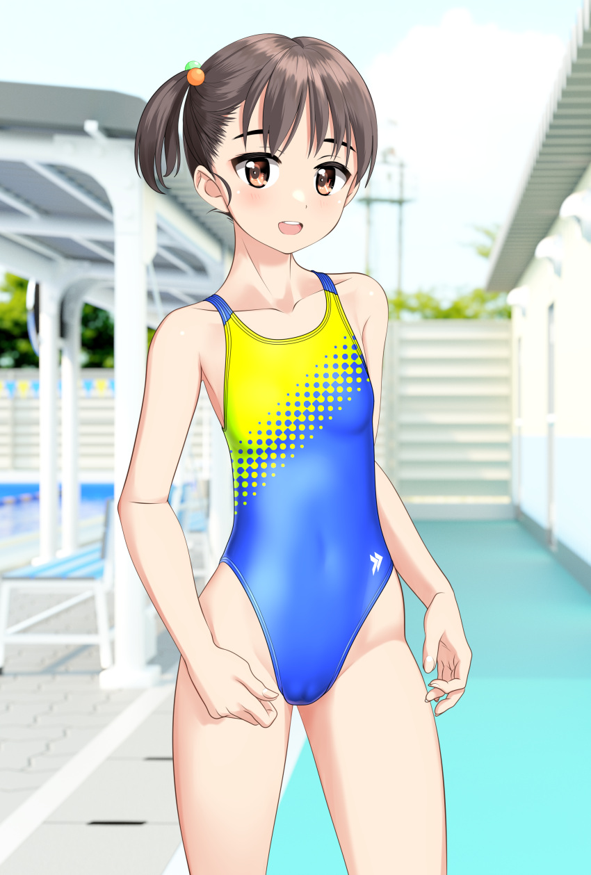 1girl absurdres black_hair blue_one-piece_swimsuit brown_eyes collarbone commentary_request competition_swimsuit contrapposto covered_navel highleg highleg_swimsuit highres indoors one-piece_swimsuit open_mouth original poolside round_teeth school_swimsuit screentones short_hair side_ponytail solo stairs standing swimsuit takafumi teeth two-tone_swimsuit upper_teeth_only variant_set