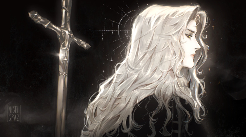 1boy alucard_(castlevania) ascot bishounen black_background bloom castlevania:_nocturne castlevania_(series) cross halo highres long_hair male_focus nigelgraz pale_skin profile solo sparkle star_halo sword upper_body weapon white_ascot white_hair yellow_eyes