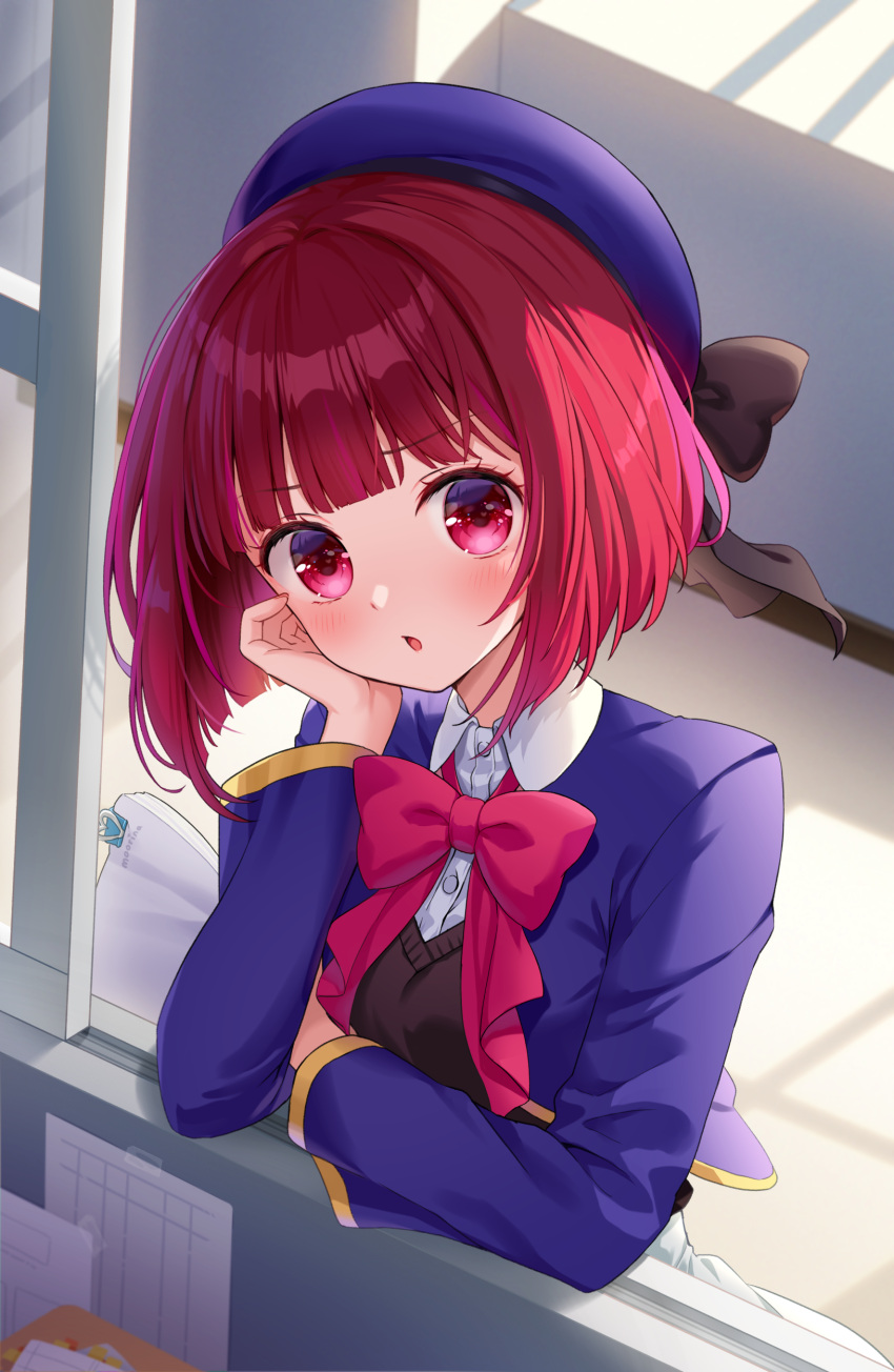 1girl :o absurdres arima_kana artist_name beret black_bow black_ribbon black_vest blue_headwear blue_jacket bob_cut bow bowtie collared_shirt commentary cropped_jacket hand_on_own_cheek hand_on_own_face hat hat_bow head_rest highres holding holding_paper indoors inverted_bob jacket light_blush looking_at_viewer moorina no_pupils oshi_no_ko paper parted_lips pink_bow pink_bowtie red_eyes red_hair ribbon school_uniform shirt short_hair solo vest white_shirt window_shade youtou_high_school_uniform