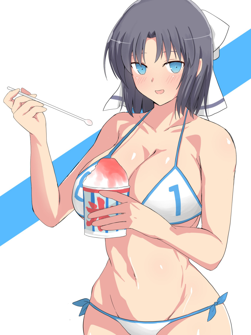 1girl absurdres bare_arms bikini blue_eyes blush breasts cleavage collarbone commentary_request cowboy_shot food grey_hair hair_ribbon highres holding holding_food holding_spoon large_breasts looking_at_viewer medium_hair navel pinepine1212 ribbon senran_kagura shaved_ice simple_background smile spoon standing stomach swimsuit white_background white_bikini yumi_(senran_kagura)