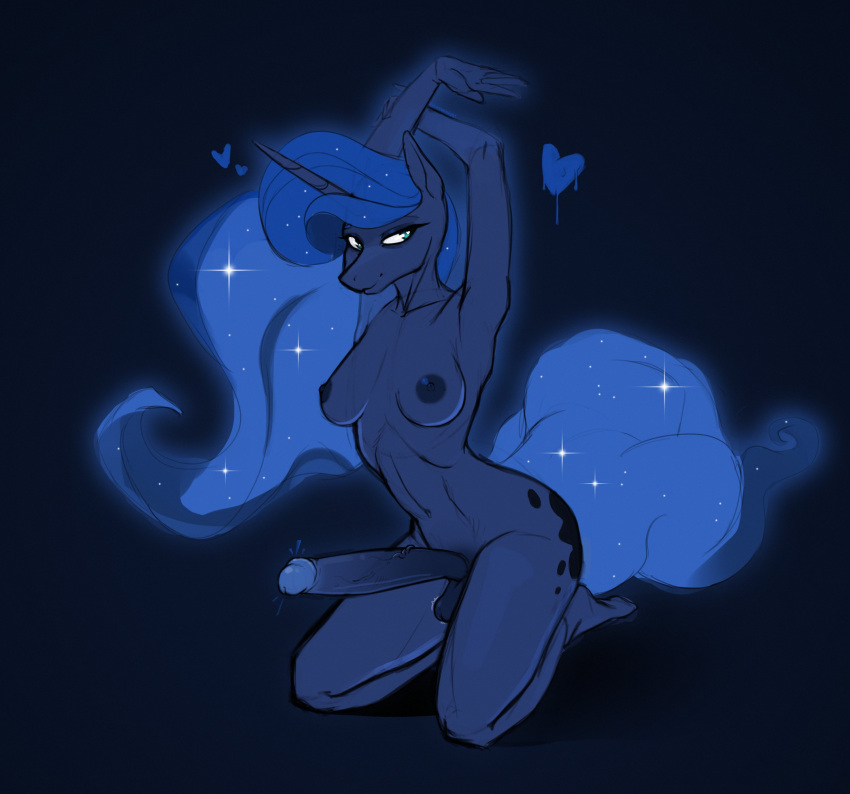 &lt;3 absurd_res anthro anthrofied areola balls blue_areola blue_body blue_eyes blue_hair blue_nipples blue_tail breasts crossgender cutie_mark digital_media_(artwork) equid equine erection ethereal_hair ethereal_tail feet friendship_is_magic ftg_crossgender fti_crossgender genitals gynomorph hair hasbro hi_res horn humanoid_feet humanoid_genitalia humanoid_hands humanoid_penis intersex kirasunnight kneeling long_horn long_penis mammal my_little_pony navel nipples penis plantigrade princess_luna_(mlp) raised_arms solo tail unicorn vein veiny_penis