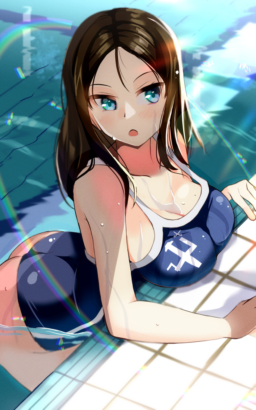 1girl absurdres black_hair blaze_(blazeillust) blue_eyes blue_one-piece_swimsuit breasts cleavage commentary day elbow_rest emblem girls_und_panzer highres indoors large_breasts leaning_forward long_hair nonna_(girls_und_panzer) one-piece_swimsuit open_mouth partially_submerged pool pravda_(emblem) school_swimsuit solo standing sunlight swept_bangs swimsuit water wet