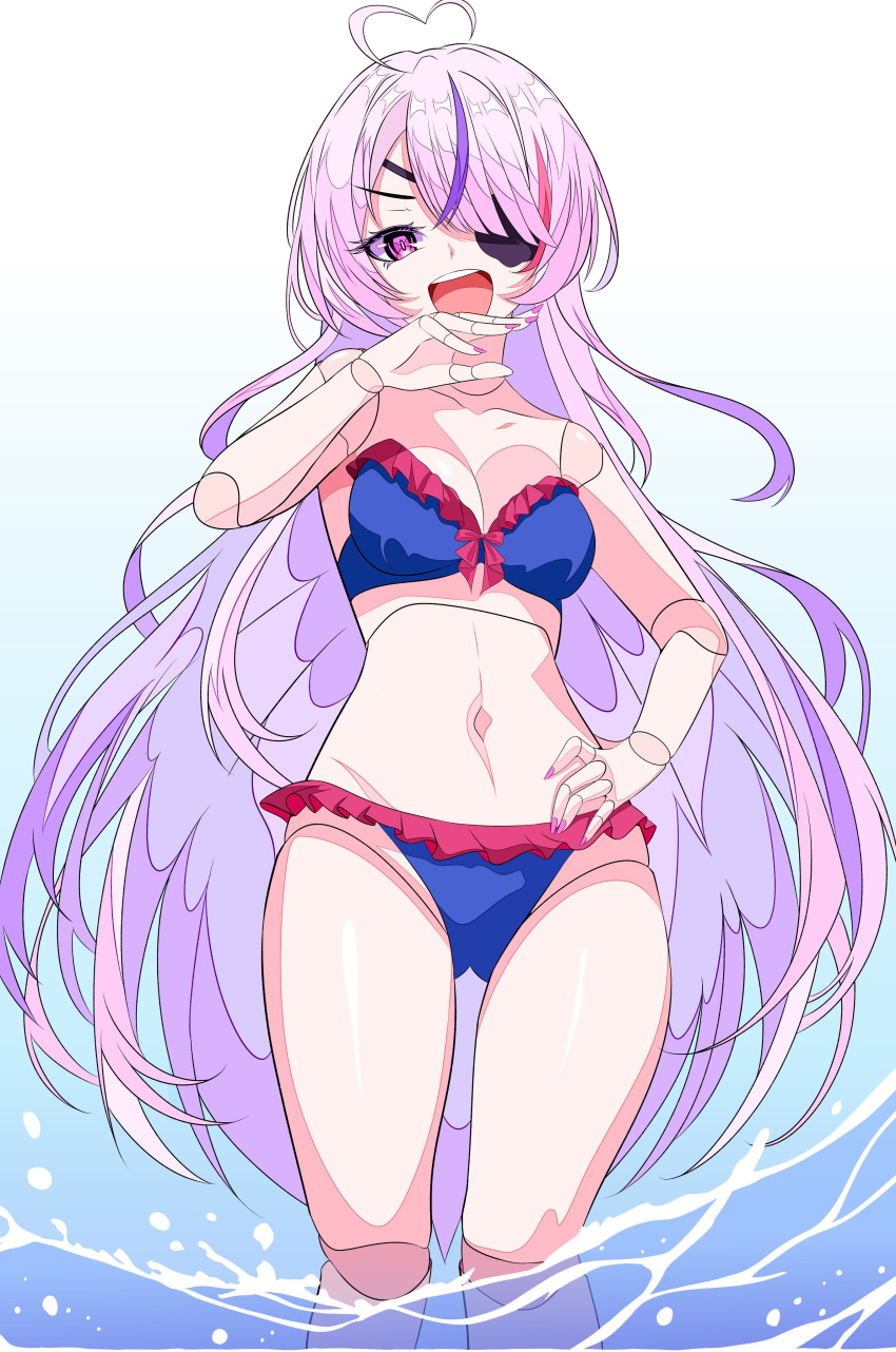 1girl absurdres ahoge bikini blue_bikini doll_joints frilled_bikini frills hand_on_own_hip heart heart_ahoge highres itsrice joints long_hair maria_marionette multicolored_hair nijisanji nijisanji_en ojou-sama_pose pink_hair pink_nails purple_hair solo streaked_hair swimsuit very_long_hair virtual_youtuber water