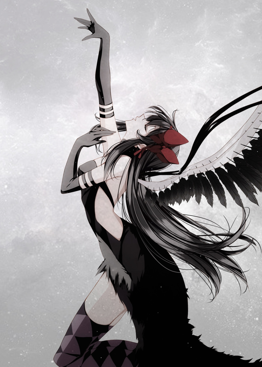 1girl akemi_homura akuma_homura argyle argyle_legwear black_gloves black_hair black_wings bow closed_eyes feathered_wings gloves grey_background hair_bow hairband highres light_particles long_hair mahou_shoujo_madoka_magica mahou_shoujo_madoka_magica:_hangyaku_no_monogatari misteor red_hairband solo wings