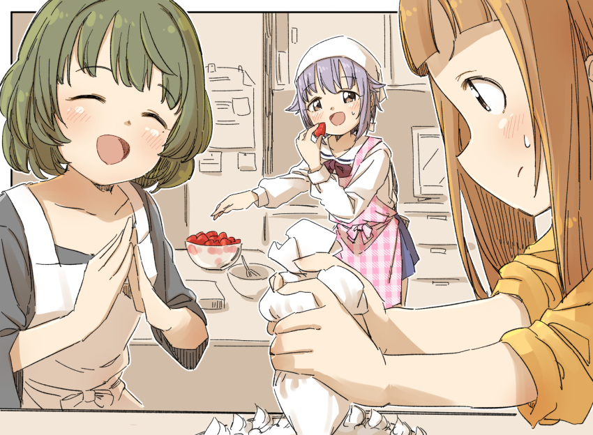 3girls ^_^ apron blue_skirt blush bow bowl brown_bow brown_eyes brown_hair cake closed_eyes closed_mouth food fruit green_hair grey_hair grey_shirt holding holding_food ichihara_nina idolmaster idolmaster_cinderella_girls koshimizu_sachiko long_hair long_sleeves mole mole_under_eye multiple_girls pastry_bag pink_apron plaid plaid_apron pleated_skirt puffy_long_sleeves puffy_sleeves shirt skirt steepled_fingers strawberry sweat takagaki_kaede unmoving_pattern white_apron wide_sleeves yukie_(kusaka_shi)