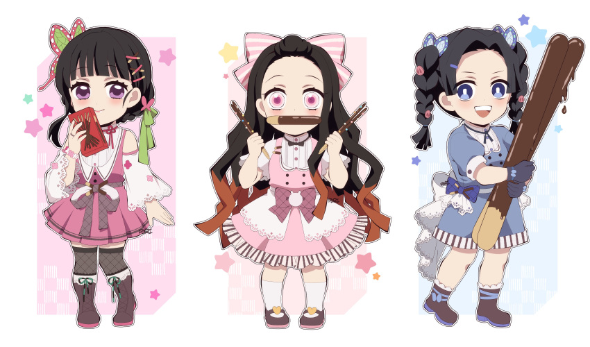 3girls absurdres alternate_costume black_hair blue_dress blue_eyes boots bow braid brown_hair butterfly_hair_ornament chibi dress food green_ribbon hair_bow hair_ornament hair_ribbon hairclip high_heels highres holding holding_food holding_pocky kamado_nezuko kanzaki_aoi_(kimetsu_no_yaiba) kimetsu_no_yaiba long_hair long_sleeves mouth_hold multicolored_hair multiple_girls open_mouth pink_dress pink_eyes pocky pori_(kmt_pori) purple_eyes ribbon shoes side_ponytail sleeveless socks striped striped_bow teeth thighhighs tsuyuri_kanao twin_braids upper_teeth_only white_sleeves x_hair_ornament