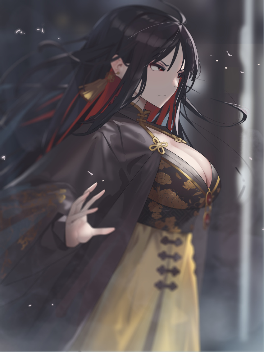 1girl absurdres ahoge black_coat black_dress black_hair breasts china_dress chinese_clothes chinese_knot cleavage closed_mouth coat colored_inner_hair commentary dress earrings eyewear_hang eyewear_removed floating_hair floral_print gloomyowl goddess_of_victory:_nikke hand_up highres jewelry large_breasts long_hair long_sleeves moran_(nikke) multicolored_hair red_eyes red_hair round_eyewear sidelocks solo standing sunglasses tassel tassel_earrings two-tone_dress two-tone_hair yellow_dress