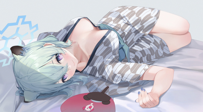 1girl absurdres animal_ears bbul_horn bed_sheet blue_archive blue_hair blue_nails blush breasts collarbone halo hand_fan highres japanese_clothes kimono light_blue_hair looking_at_viewer lying medium_breasts obi on_back purple_eyes sash shigure_(blue_archive) shigure_(hot_spring)_(blue_archive) solo sweat thighs yukata