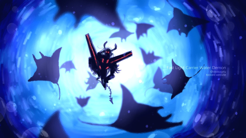 1girl abyssal_ship character_name claws english_text fast_light_carrier_water_demon glowing glowing_eyes highres horns kantai_collection long_hair manta_ray oso_(toolate) red_eyes solo tail twitter_username underwater water web_address