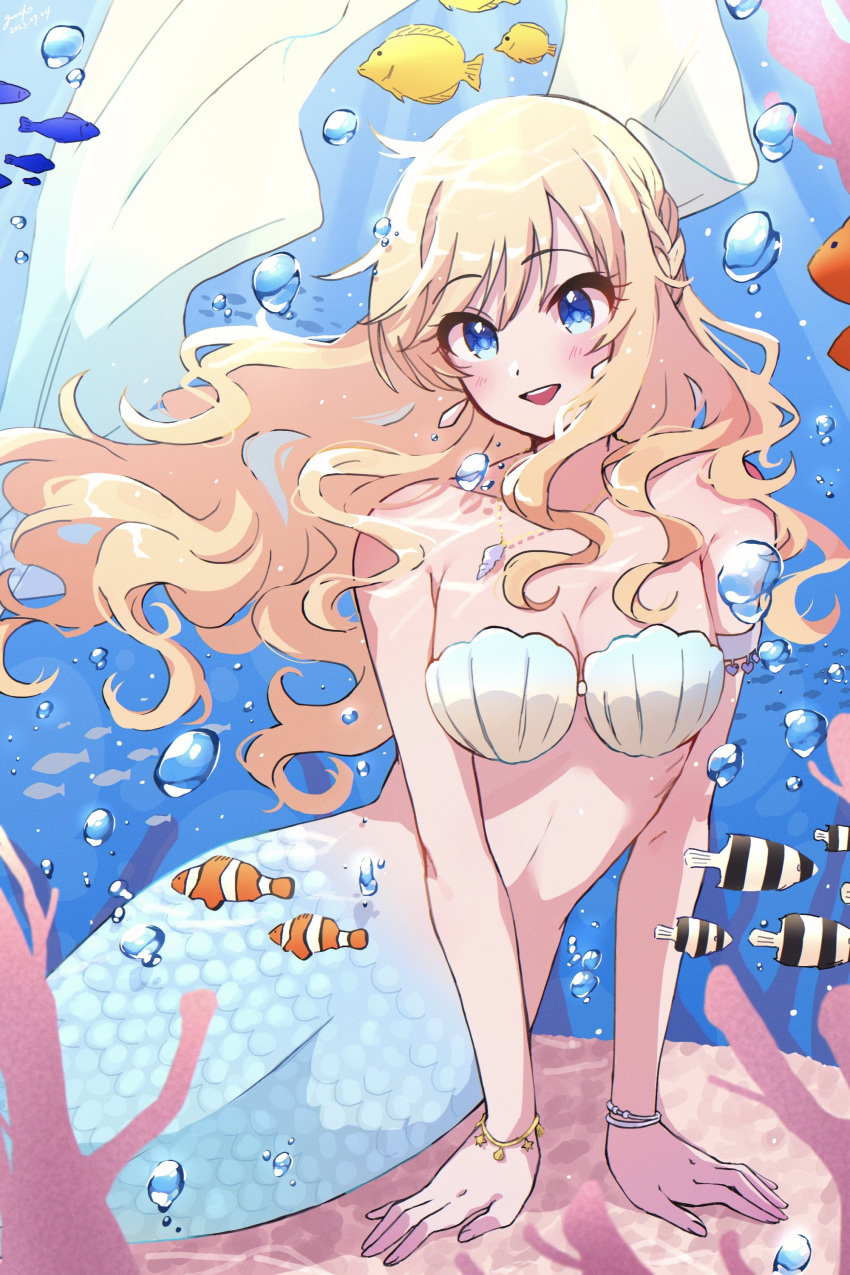 1girl absurdres air_bubble armband blonde_hair blue_eyes blush braid breasts bubble cleavage clownfish collarbone coral earrings fish grk_11601 highres idolmaster idolmaster_cinderella_girls jewelry long_hair looking_at_viewer medium_breasts mermaid monster_girl monsterification necklace ocean ohtsuki_yui open_mouth scales seashell shell shell_bikini shell_earrings shell_necklace smile underwater wavy_hair
