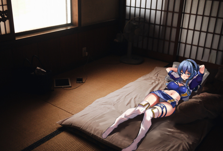 1girl arms_behind_back arms_behind_head bandeau black_gloves blue_bandeau blue_eyes blue_hair blue_skirt boots breasts cellphone checkered_clothes commentary_request crop_top cropped_jacket eckert&amp;eich electric_fan futon gloves gotland_(kancolle) headphones headset highleg highleg_panties highres indoors jacket kantai_collection large_breasts long_hair lying microphone miniskirt mole mole_under_eye one-hour_drawing_challenge panties phone photo_background pillow ponytail race_queen skirt smartphone solo tablet_pc tatami thigh_boots underwear white_jacket white_panties window