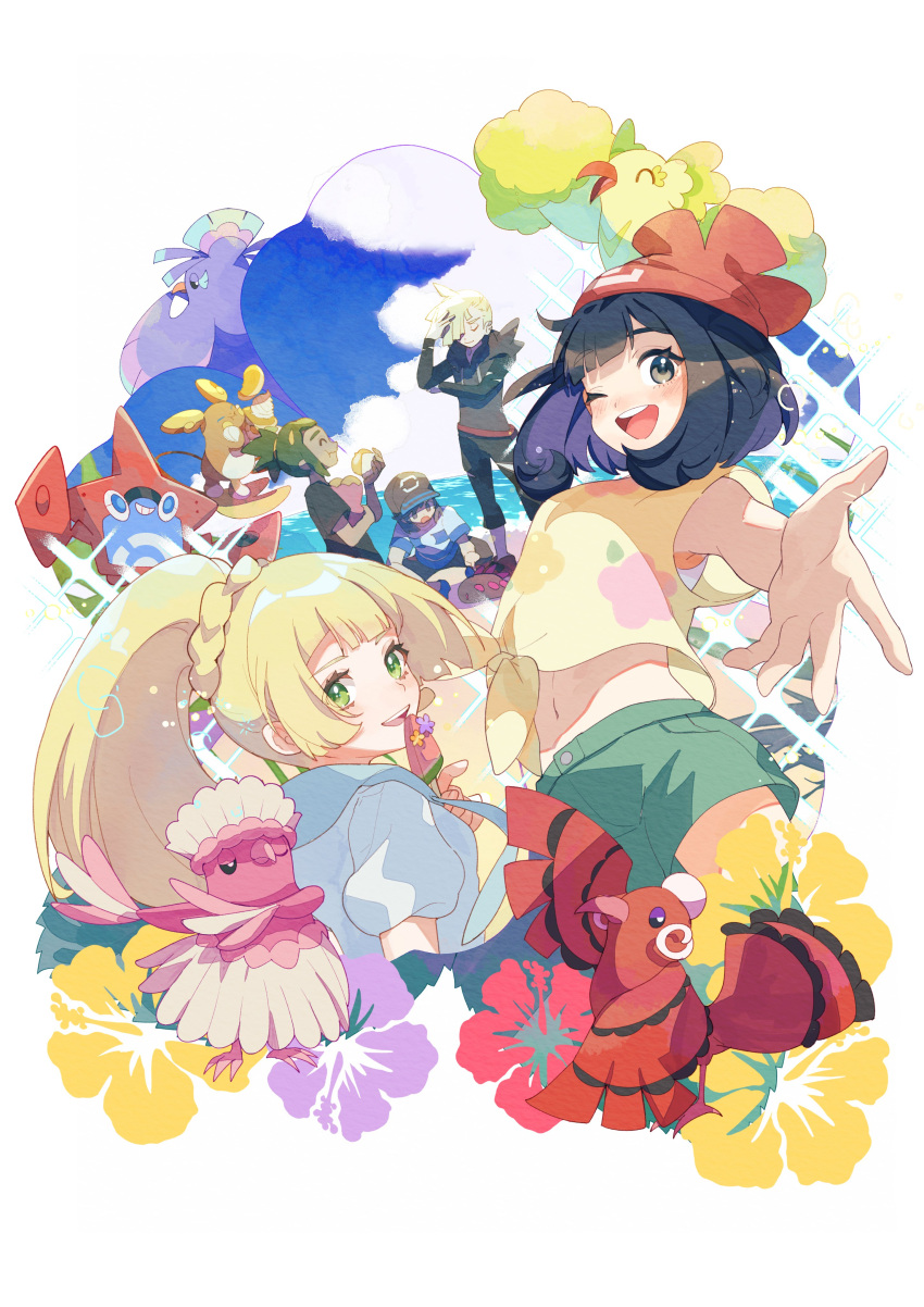 2girls absurdres alolan_raichu beach black_hair blonde_hair blunt_bangs cloud cloudy_sky elio_(pokemon) floral_print food gladion_(pokemon) green_eyes green_shorts hau_(pokemon) highres lillie_(pokemon) long_hair looking_at_viewer multiple_girls navel ocean one_eye_closed open_mouth oricorio oricorio_(baile) oricorio_(pa'u) oricorio_(pom-pom) oricorio_(sensu) outstretched_hand pokemon pokemon_(game) pokemon_sm ponytail popsicle pyukumuku red_headwear rotom rotom_dex sapphire_ethu selene_(pokemon) shirt shorts sky undershirt white_shirt yellow_shirt