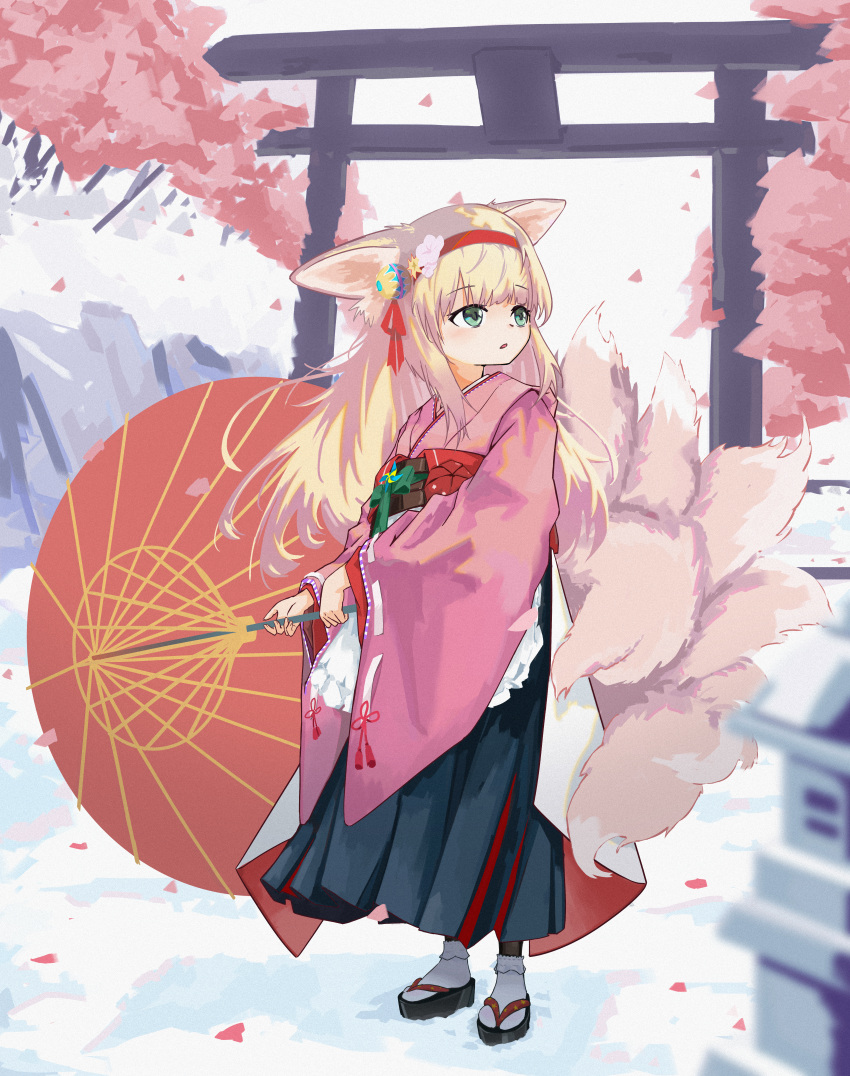 absurdres animal_ear_fluff animal_ears apron architecture arknights black_hakama blonde_hair bobby_socks chinese_commentary commentary_request east_asian_architecture film_grain flower fox_ears fox_girl fox_tail frilled_apron frills green_eyes hair_flower hair_ornament hairband hakama hakama_skirt highres holding holding_umbrella japanese_clothes kimono kitsune kyuubi long_hair long_sleeves looking_to_the_side multiple_tails obi official_alternate_costume oil-paper_umbrella okobo outdoors parted_lips pink_kimono pinwheel pleated_skirt qiao_zong red_hairband red_umbrella sandals sash skirt snow socks suzuran_(arknights) suzuran_(yukibare)_(arknights) tabi tail umbrella waist_apron white_apron white_socks wide_sleeves winter