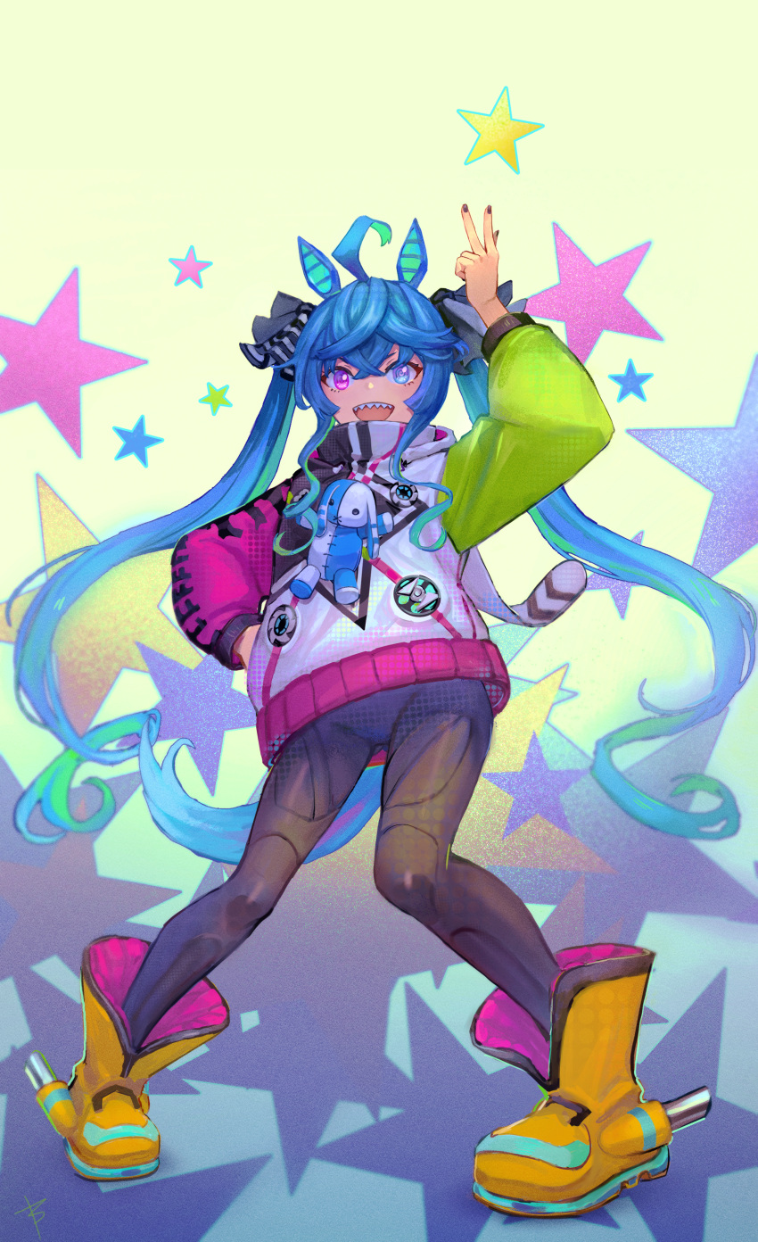 1girl absurdres ahoge animal_ears animal_hood aqua_hair black_bodysuit black_nails black_ribbon blue_eyes blue_hair bodysuit boots bryanth coat crossed_bangs drawstring full_body hair_ribbon hand_on_own_hip heterochromia highres hood hood_down hooded_coat horse_ears horse_girl horse_tail long_hair long_sleeves looking_at_viewer multicolored_coat multicolored_hair open_mouth purple_eyes rabbit_hood ribbon sharp_teeth sidelocks smile solo standing star_(symbol) star_print starry_background stuffed_animal stuffed_rabbit stuffed_toy tail teeth twin_turbo_(umamusume) twintails two-tone_hair umamusume very_long_hair yellow_footwear