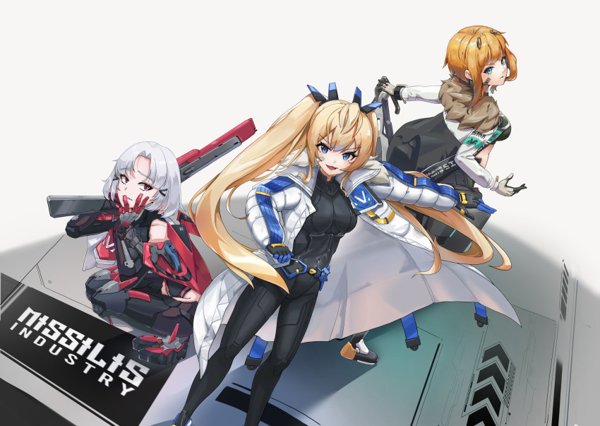 3girls :d absurdres aqua_eyes armor armored_bodysuit armored_boots armored_gloves armored_leotard bandaid bandaid_on_cheek bandaid_on_face bare_shoulders black_bodysuit black_gloves black_jacket black_leotard black_sports_bra blonde_hair blue_eyes bodysuit boots breasts cape coat collarbone commentary covered_navel drake_(nikke) floating_hair full_body fur-trimmed_coat fur-trimmed_jacket fur_trim gloves goddess_of_victory:_nikke gun hair_between_eyes hair_ornament hairclip highleg highleg_leotard highres holding holding_gun holding_weapon jacket laplace_(nikke) leg_armor leotard long_hair looking_at_viewer matis_(nikke) maxwell_(mechanic_white)_(nikke) maxwell_(nikke) medium_breasts midriff multicolored_clothes multicolored_jacket multiple_girls off_shoulder official_alternate_costume open_clothes open_coat open_mouth outstretched_arm parted_bangs parted_lips red_cape red_eyes rigging shadow short_hair shotgun shouyou_(egcr8334) sidelocks simple_background smile sports_bra squatting standing twintails two-tone_gloves two-tone_jacket weapon white_background white_coat white_gloves white_hair white_jacket