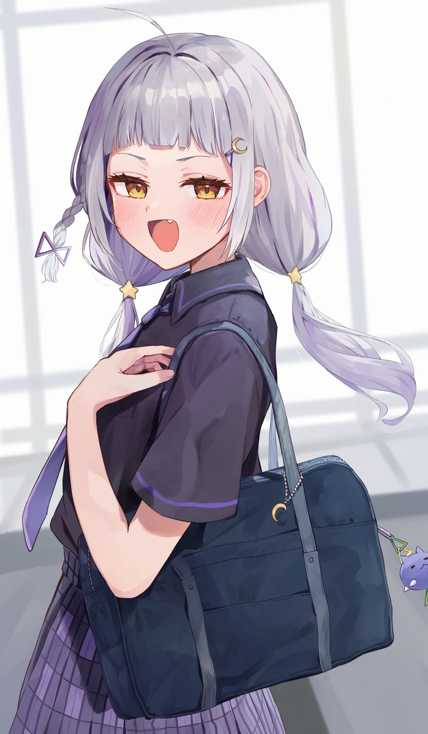 1girl :d ahoge bag bag_charm black_shirt blush braid brown_eyes charm_(object) collared_shirt commentary_request crescent crescent_hair_ornament fang from_side grey_hair hair_ornament hairclip highres hololive indoors long_hair looking_at_viewer looking_to_the_side low_twintails murasaki_shion necktie purple_necktie purple_skirt racchi. school_bag school_uniform shirt skirt smile solo star_(symbol) star_hair_ornament twintails virtual_youtuber window