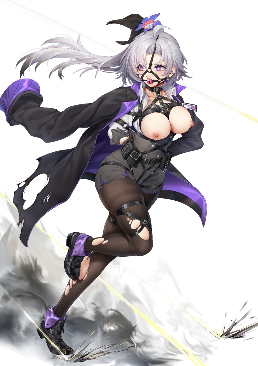 1girl absurdres ahoge apc9k_(girls'_frontline) ball_gag bdsm black_pantyhose bondage bound breasts breasts_out cleavage commission flower full_body gag girls'_frontline grey_hair hair_flower hair_ornament harness highres jacket jacket_on_shoulders long_hair nipples pantyhose ray_(pixiv9514208) restrained running second-party_source smoke solo thighband_pantyhose torn_clothes torn_jacket torn_pantyhose